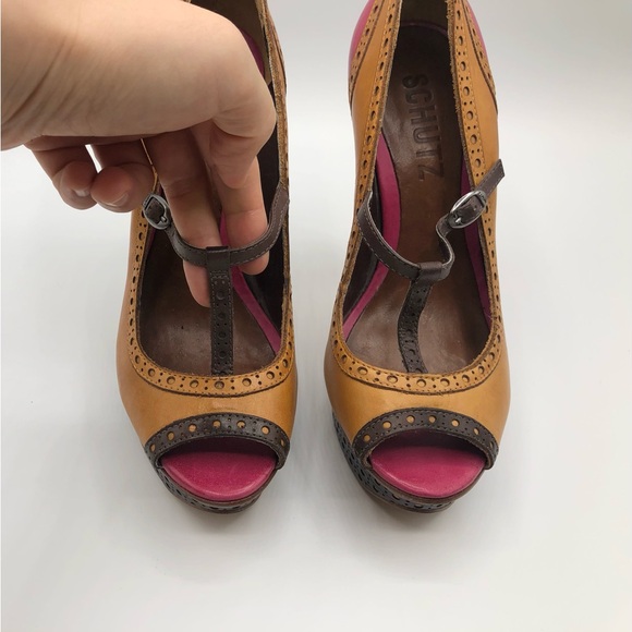 Schutz Tan Pink Leather Mary Jane T-Strap Peep Toe Stiletto Heels Women’s Size 6 - Picture 7 of 12